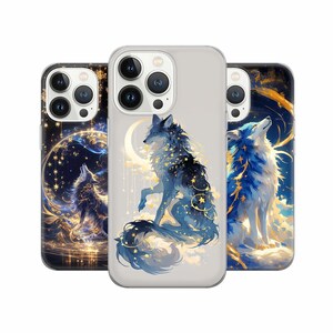 Moon Wolf telefoonhoes Celestial Cover voor iPhone 15Pro, 14, 13, 12, 11, Google Pixel 8, 7A, 6A, Samsung Galaxy S24 Ultra, S23fe, Star Fantasy