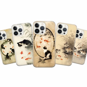 May include: Five phone cases with Asian-inspired art featuring cats and koi fish. The cases have a cream-colored background with black and white cats, and orange and gold fish. The designs are framed by a circular border.