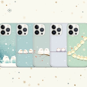 May include: Set of four phone cases featuring winter-themed designs with birds. The cases are in shades of blue, green, and white with a variety of bird illustrations.