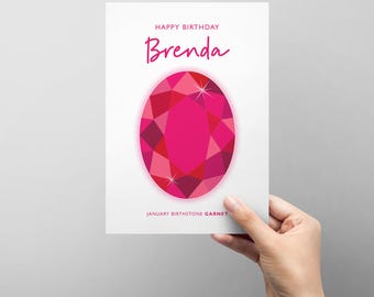 Personalised January Birthday card with illustrated birthstone - garnet - add any name - female friend family