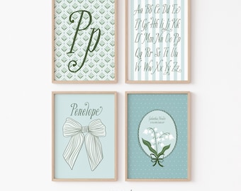 Coquette Nursery Prints: Personalized Initial, Name, Snowdrop - Set of 4