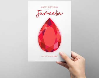 Personalised July Birthday card with illustrated birthstone - ruby - add any name - female friend family