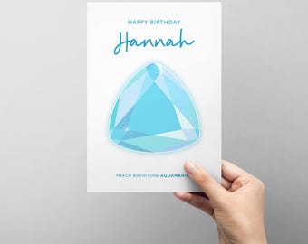 Personalised March Birthday card with illustrated birthstone - aquamarine - add any name - female friend family