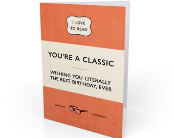 Birthday Card in vintage classic orange penguin paperback style - greetings card for booklover