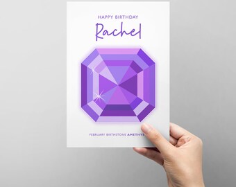Personalised February Birthday card with illustrated birthstone - amethyst - add any name - female friend family