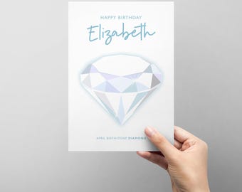 Personalised April Birthday card with illustrated birthstone - diamond - add any name - female friend family