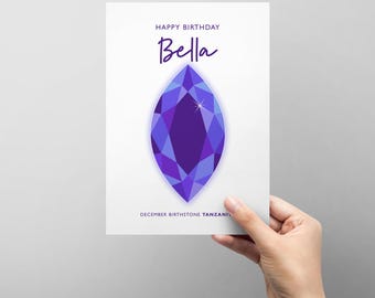 Personalised December Birthday card with illustrated birthstone - tanzanite - add any name - female friend family
