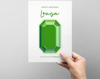 Personalised May Birthday card with illustrated birthstone - emerald - add any name - female friend family