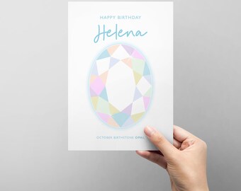 Personalised October Birthday card with illustrated birthstone - opal - add any name - female friend family