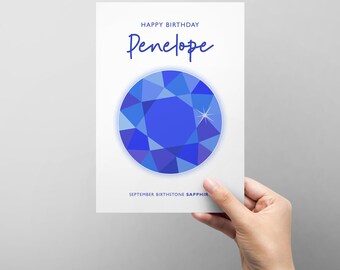 Personalised September Birthday card with illustrated birthstone - sapphire - add any name - female friend family