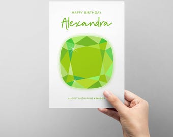 Personalised August Birthday card with illustrated birthstone - peridot - add any name - female friend family