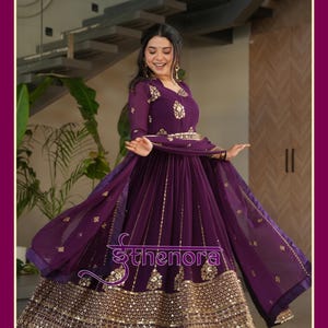 Designer Indian Gown with Dupatta Blooming Zari and Sequin Embroidered Ready to Wear Dress for Wedding, Diwali & Festivals ship world wide