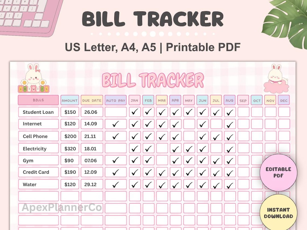 Editable Yearly Bill Payment Tracker: Printable Bill and Expense ...