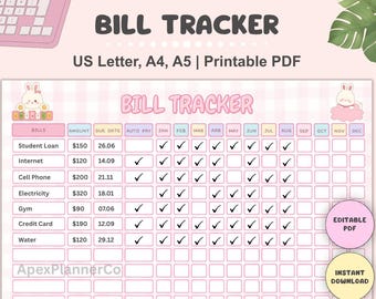 Editable Yearly Bill Payment Tracker: Printable Bill and Expense Tracker (A4/A5/Letter)