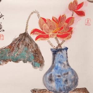 Vita del fiore di loto - Ispirato al buddismo - Dipinto a mano con inchiostro Sumi - Soggiorno zen - Parete per la meditazione nello spazio zen - Giardino del Buddha