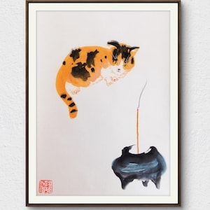 Calico e incenso - Dipinto originale a inchiostro Sumi-e fatto a mano - Serenità - Camera da letto Zen - Sala di meditazione - Regalo spirituale - Artista