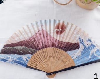 台座付きシルク竹扇子 - 折りたたみ式、禅風リビングルームの壁飾り、夏の必需品、浮世絵、神奈川沖浪裏、赤富士、ジャパンディ装飾