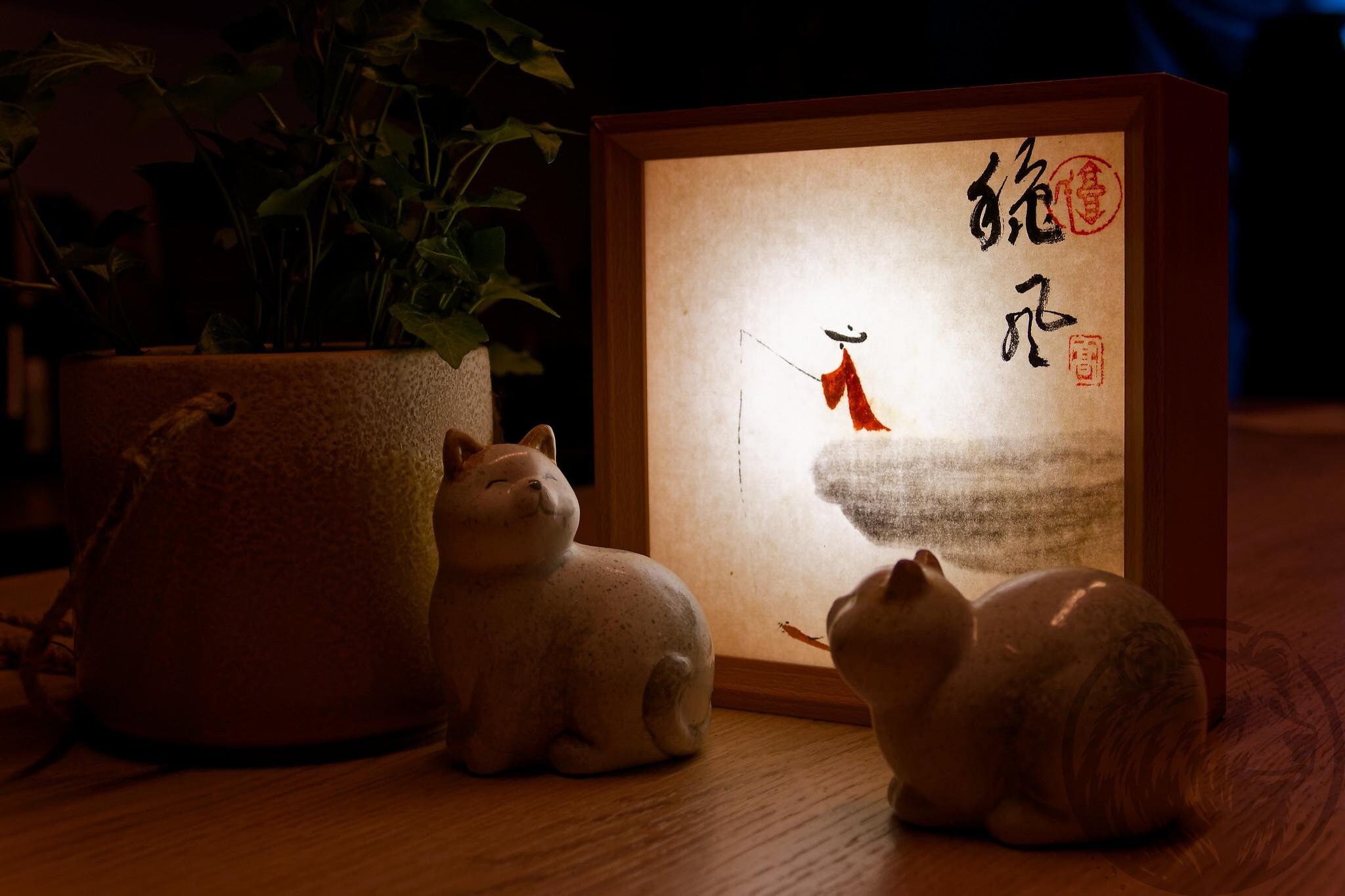 Sumi-e Ink Art & Spotlights built-in display - Eco sustainable, Zen lounge light, Adjustable brightness, Spiritual gift, Wellness,Nightlight