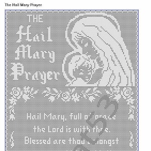 May include: A black and white image of the Hail Mary prayer with a decorative design of a wave in the upper left corner. The text reads: "The Hail Mary Prayer", "Hail Mary, full of grace, the Lord is with thee. Blessed art thou amongst women, and blessed is the fruit of thy womb, Jesus. Holy Mary, Mother of God, pray for us sinners, now and at the hour of our death. Amen."