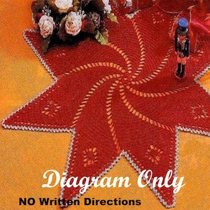 May include: Red crocheted star-shaped table runner with a white crocheted border. The runner is decorated with a swirling pattern. The image includes the text "Diagram Only NO Written Directions".