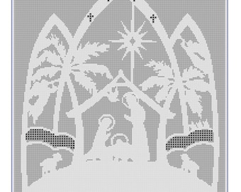 May include: A white, pixelated image depicting a Nativity scene. The design includes an arched structure with crosses, a star, palm trees, and silhouettes of Mary, Joseph, and baby Jesus. Two sheep are also visible. The text "Nativity 1" and "©2022 Basilcat53" are present.