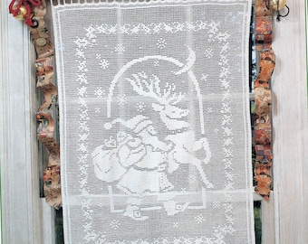 Vintage Night Before Xmas Wallhanging Curtain Doily Filet Crochet Pattern Holiday Santa Claus Reindeer