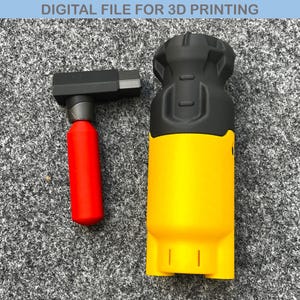 May include: Two 3D printed objects, one is a yellow and black tool with a textured top, the other is a red and black tool with a T-shaped handle.