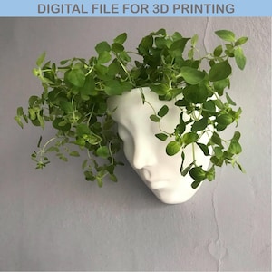 Peut inclure: Un pot mural en céramique blanche en forme de visage humain, rempli de plantes vertes. Le pot est fixé à un mur gris. Le texte "DIGITAL FILE FOR 3D PRINTING" est en haut de l'image.