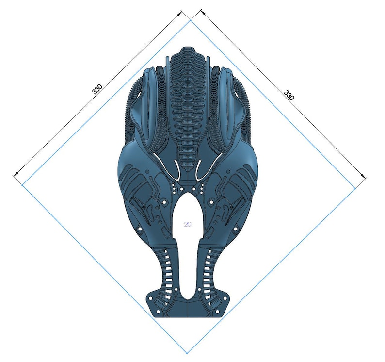 May include: A 3D printed model of a blue alien head with a detailed design. The model is 330 inches tall and 330 inches wide.