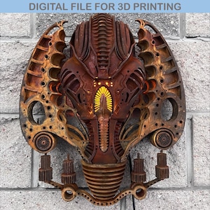 May include: A 3D printed wall sculpture of a stylized, biomechanical head with a rusty, metallic finish. The head has a complex, intricate design with multiple layers and details. The sculpture is lit from within, creating a warm, glowing effect.