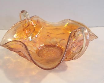 Carnival Glass Ruffled Edge Candy Dish Gold Luster