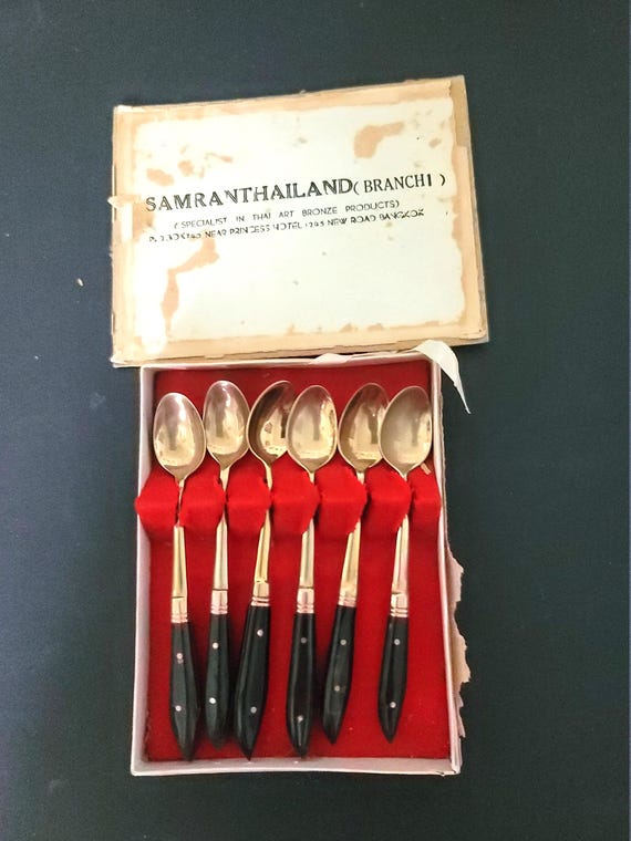 Vintage Thai Demitasse Bronze and Rosewood Spoons