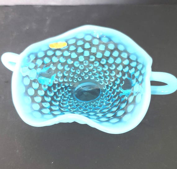 Fenton Marked Blue Opalescent Hobnail Bon Bon Dish