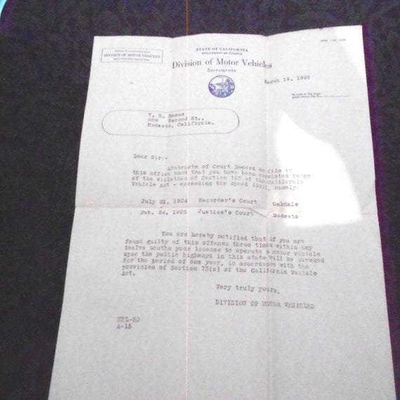 1925 Letter from DMV CA