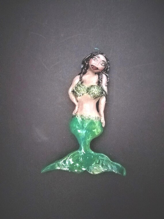Mermaid with Black Hair Green Tail