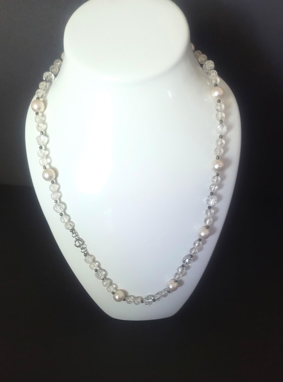 Faux Pearl Necklace, Clear Acrylic Faceted Beads, White Cord, Spring Clasp