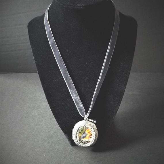 Bird Locket Necklace with Velvet Chain OOAK
