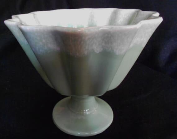 Footed Bowl Apple Green Drip Mid Century