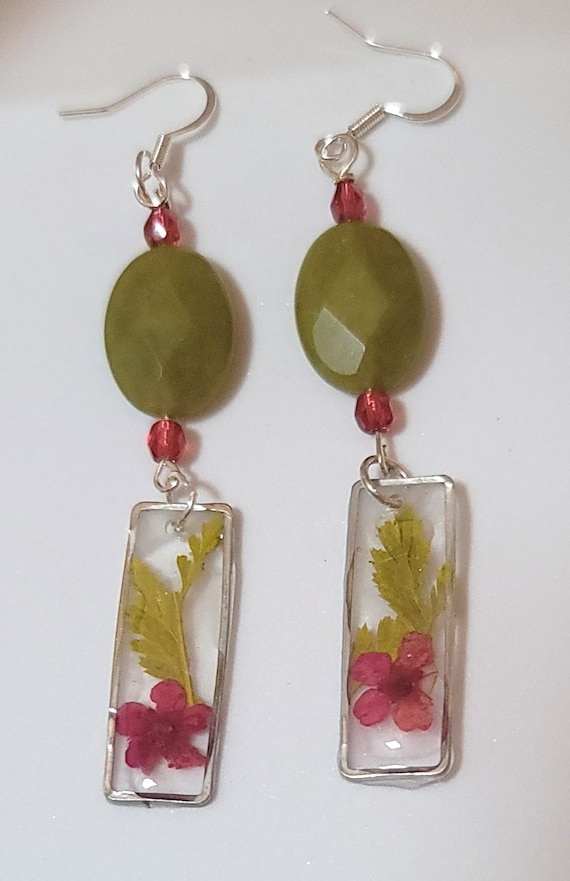 Olive Green and Pink Dangle Earrings