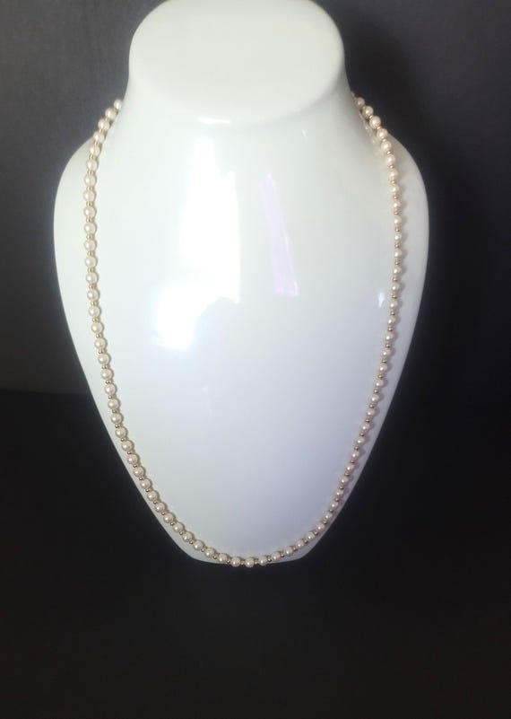 Faux Ivory Pearl Necklace, 70s Vintage Costume Jewelry, Gold Beads