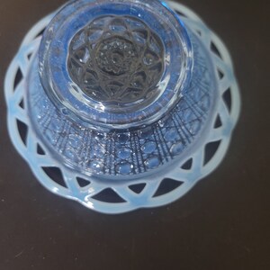 May include: A vintage blue glass bowl with a decorative openwork rim. The bowl has a detailed pattern on the base and sides. The bowl is made of a light blue glass and is likely from the mid-20th century.