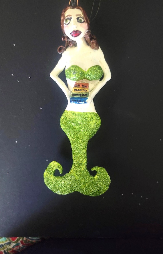 Book Worm Mermaid OOAK Hanging Sculpture