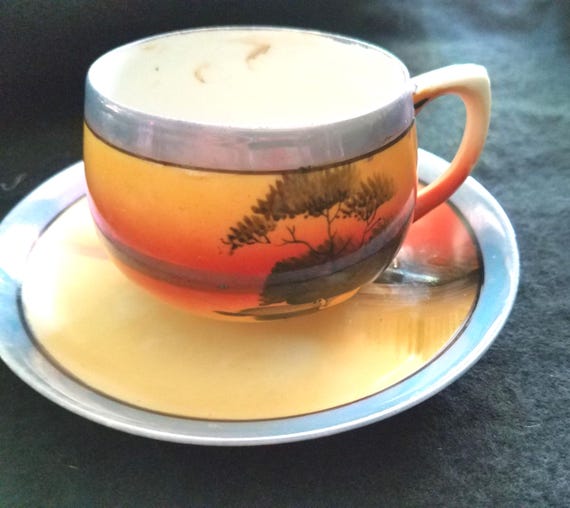 1930s Japanese Sunset Cup and Saucer
