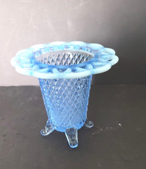Blue Lattice Spooner with Opalescent Crochet Edge