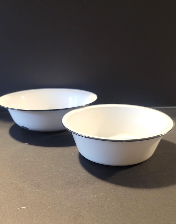 Two Flat Bottomed Enamelware Mixing Bowls