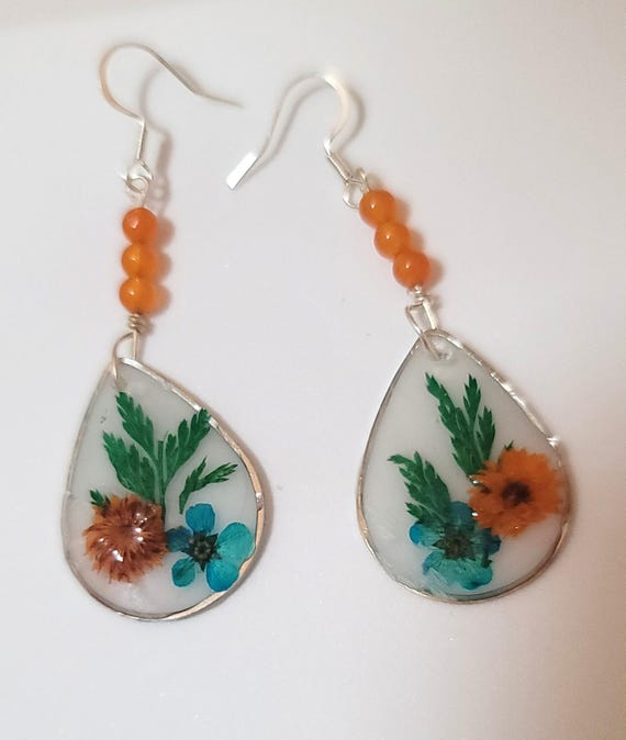 Resin Earrings with Orange Flowers and Beads
