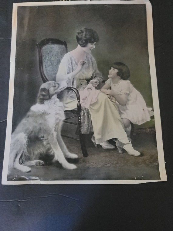 Print of Woman with Girl and Dog 1920s