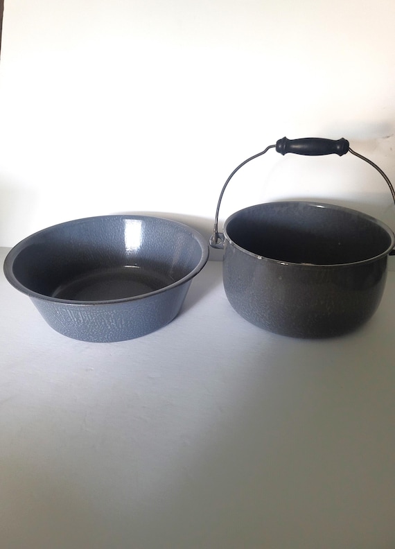 Set of Gray Graniteware Pot and Bowl