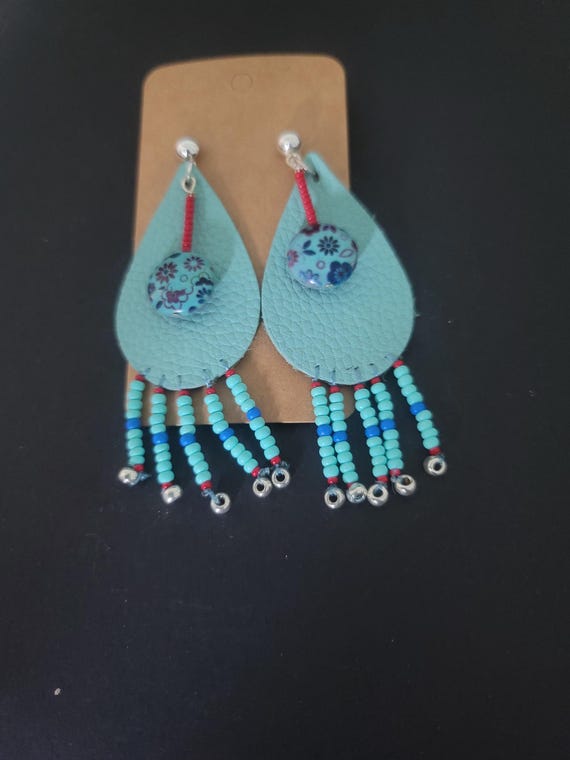 Turquoise Leather Post Earrings OOAK