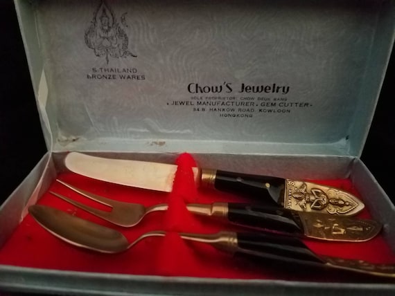 Thai Rosewood and Bronze Cheese Plate Set of Utensils